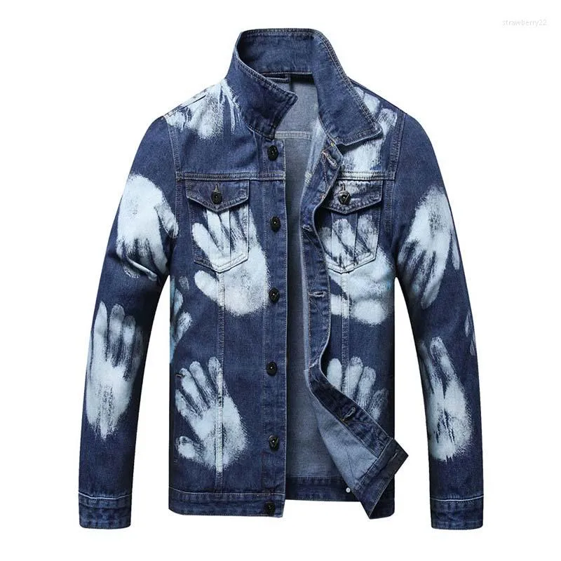 Hommes Vestes Hommes Printemps Automne Casual Denim Palm Imprimé Lavé Jeans Manteaux Pour Homme Bleu Couleur