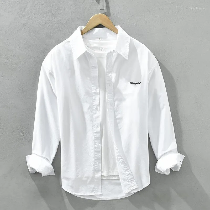Męskie koszule 2179 Bawełna Premium Biała koszula dla mężczyzn w stylu Japonia Młodzież haft haft prosty luźne długie rękaw podstawowy top codzienny