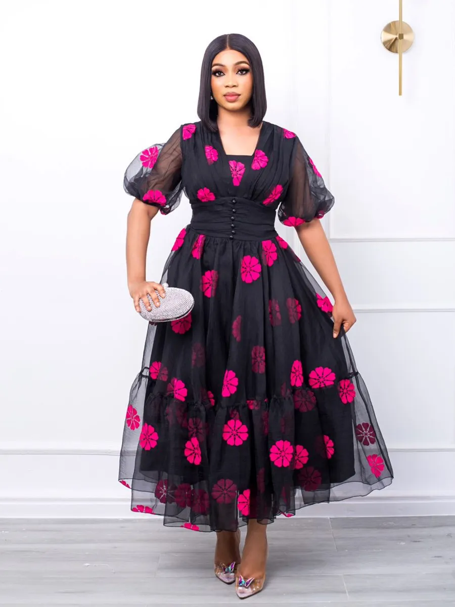 Plus Size Klänningar 4XL 5XL Fest Princess Klänning Sexig Genomskinlig Rosa Svart Tyll Mesh sömmar Vår Sommar Långa Klänningar I Stor Swing