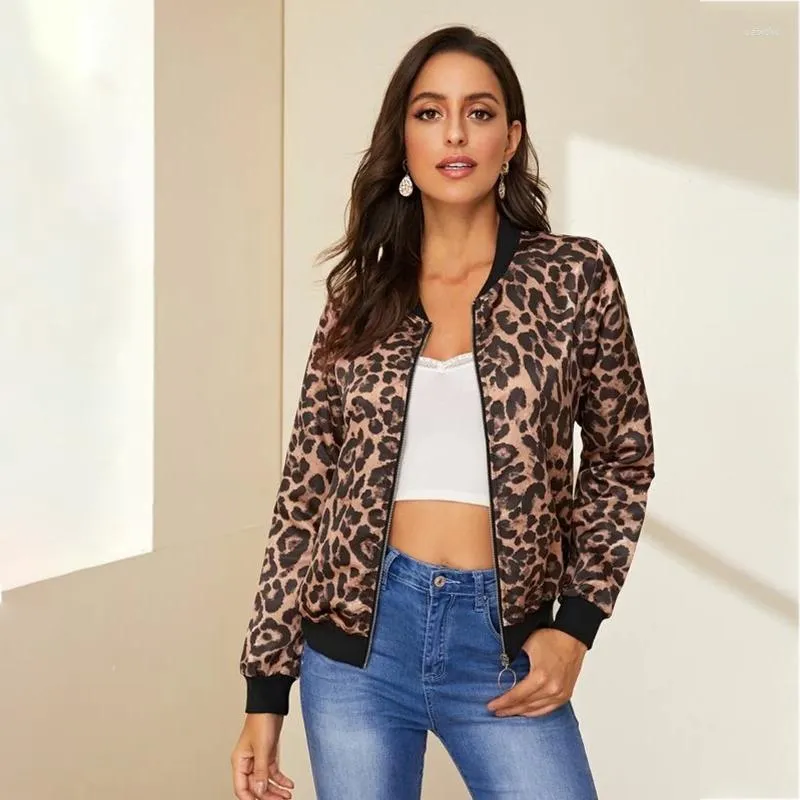 Jackets feminino Jacket Casaco Casaco Leopardo Print O-ring Zip Bomber 2023 Fashion Ladies Stand Collar Casual Outerwear