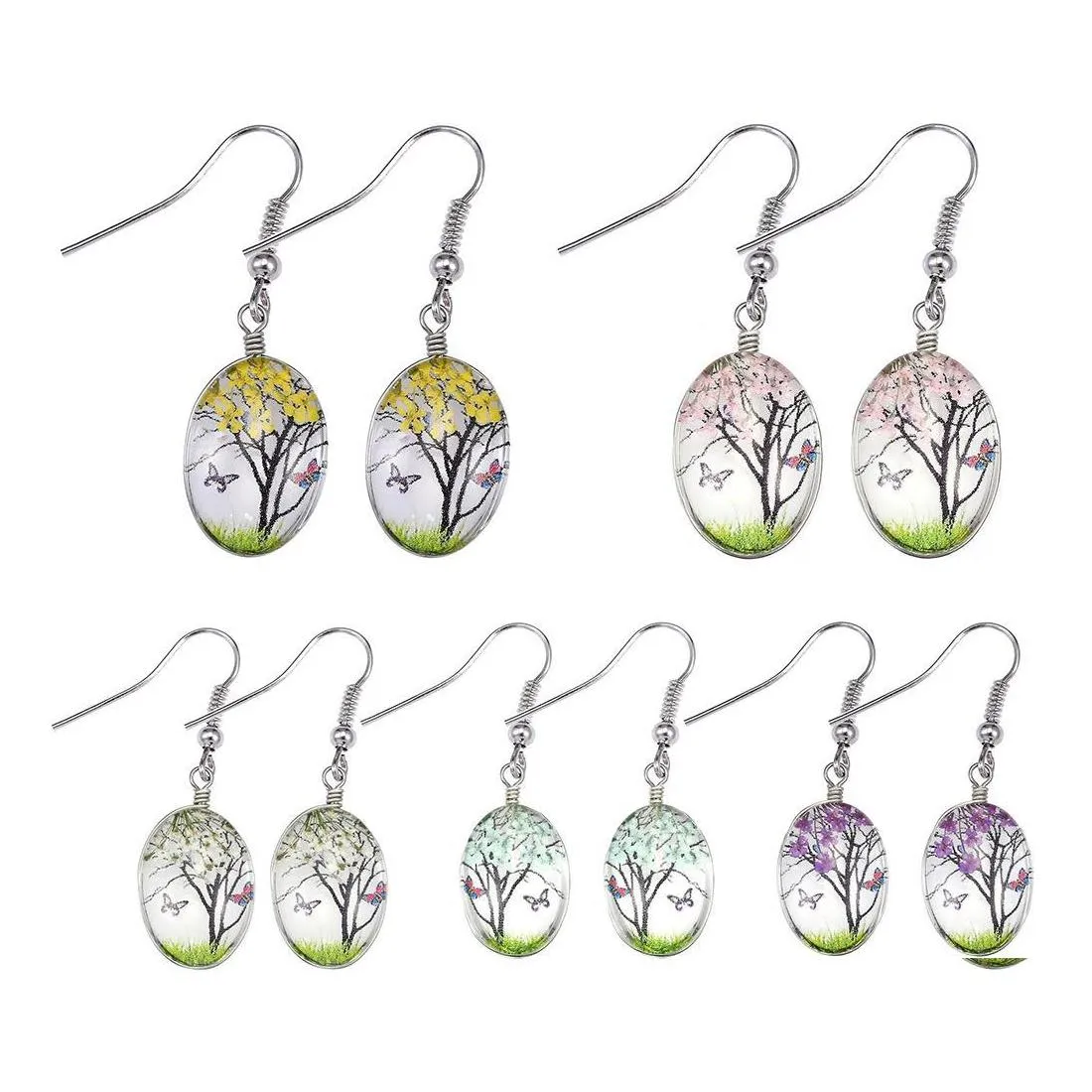 Charm Fashion Dry Flower Dangle Earring Torkade blommor Örhängen Glass Oval Ball Tree of Life Drop Earing Creative Jewelry Gift Deliver Otuzs