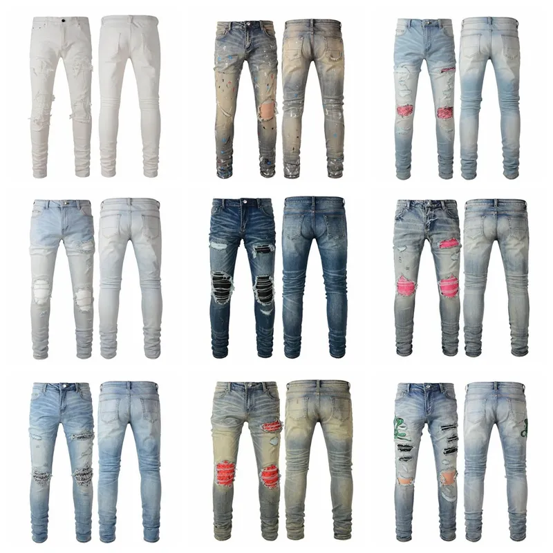 Abbigliamento vecchi jeans blu scuro Uomo Donna Stampa pantera Verde militare caldo Lungo cotone consumato Coniglio Adesivo Ricamo Slim Denim Straight Biker Pantaloni skinny Designer