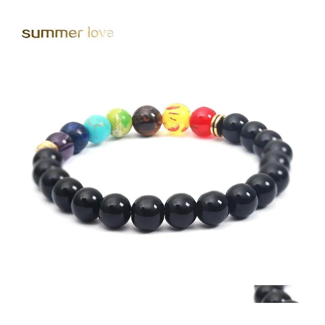 Fili di perline 7 Bracciale Chakra 8Mm Perline rotonde di ematite Stretch Braccialetti di Buddha Energy Stone Black Gallstone Yoga Bead per le donne Otbae