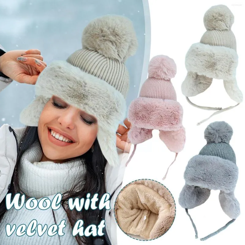 Berets Winter Thick Outdoor Earflap Warm Hat Wool Knitted Women Fleece Faux Fur Ski Ushanka Bomber Trapper Pompom Z7G2