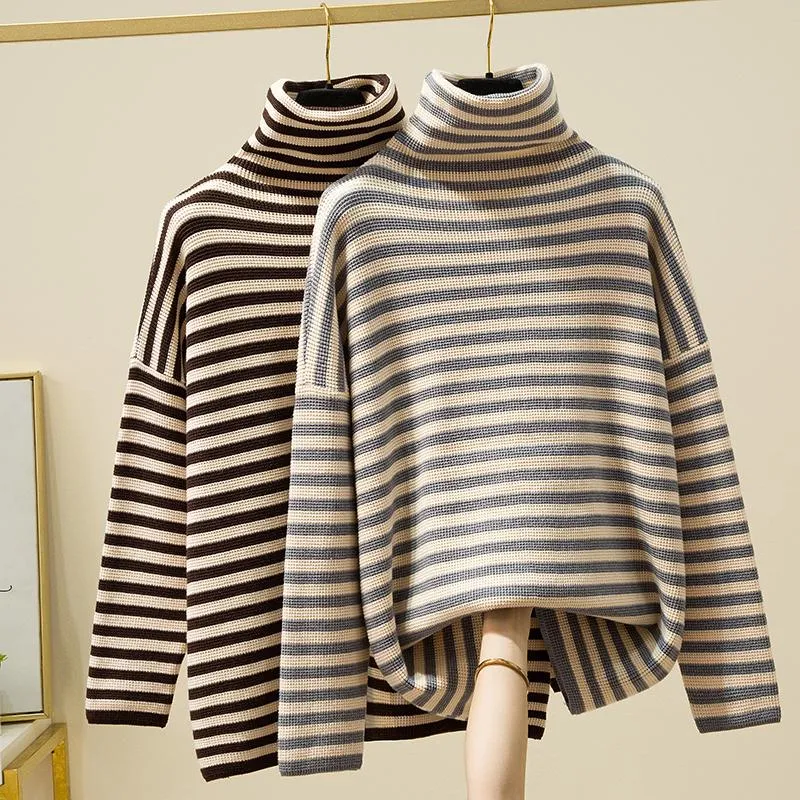 Damessweaters Gestreepte coltrui Dik Plus Grote maat Oversize Koreaanse stijl Modetruien voor herfstkleding Dames