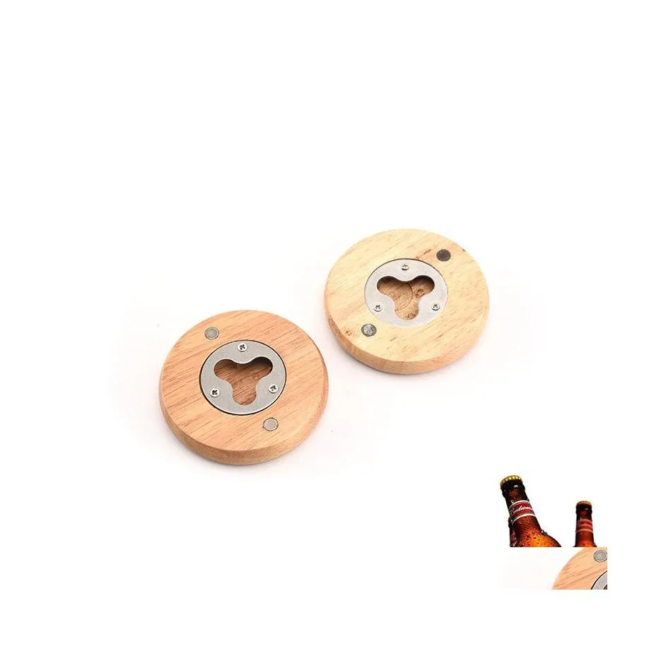 Openers Wooden Round Shape Stainless Steel Bottle Opener Coaster Fridge Magnet Decoration Beer Factory Wholesale Drop Delivery Home Dhejq