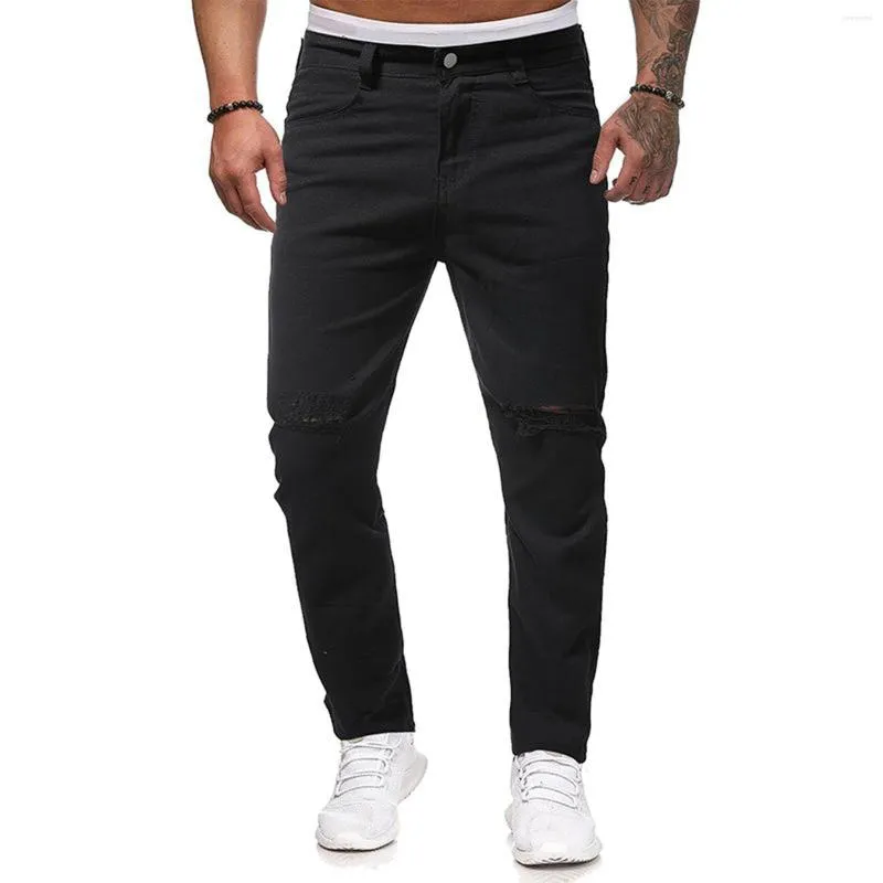 Jeans pour hommes Mens Fashion Casual Straight Hole Buckle Zipper Denim Pantalons longs Pantalons Outdoor Foam