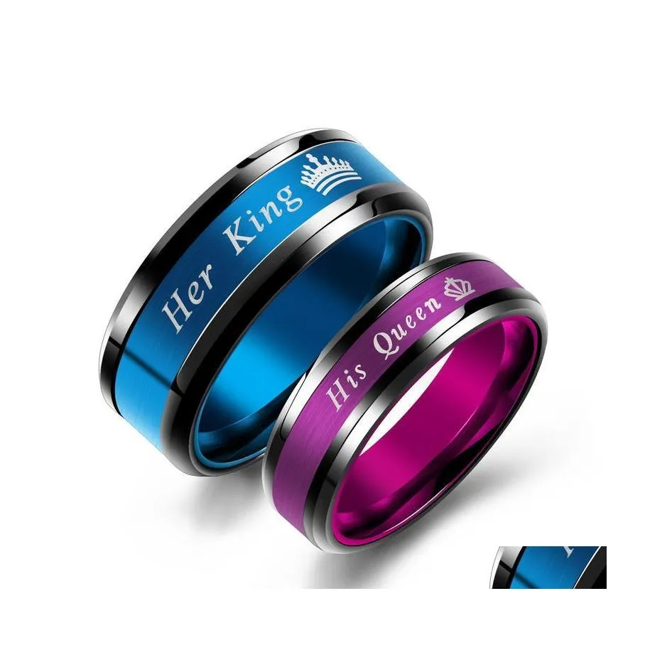 Bande Anneaux Mode Son Roi Et Sa Reine Couples En Acier Inoxydable Couronne Bleu Violet Bague Pour Femmes Hommes Bijoux Saint Valentin Ot2Pu