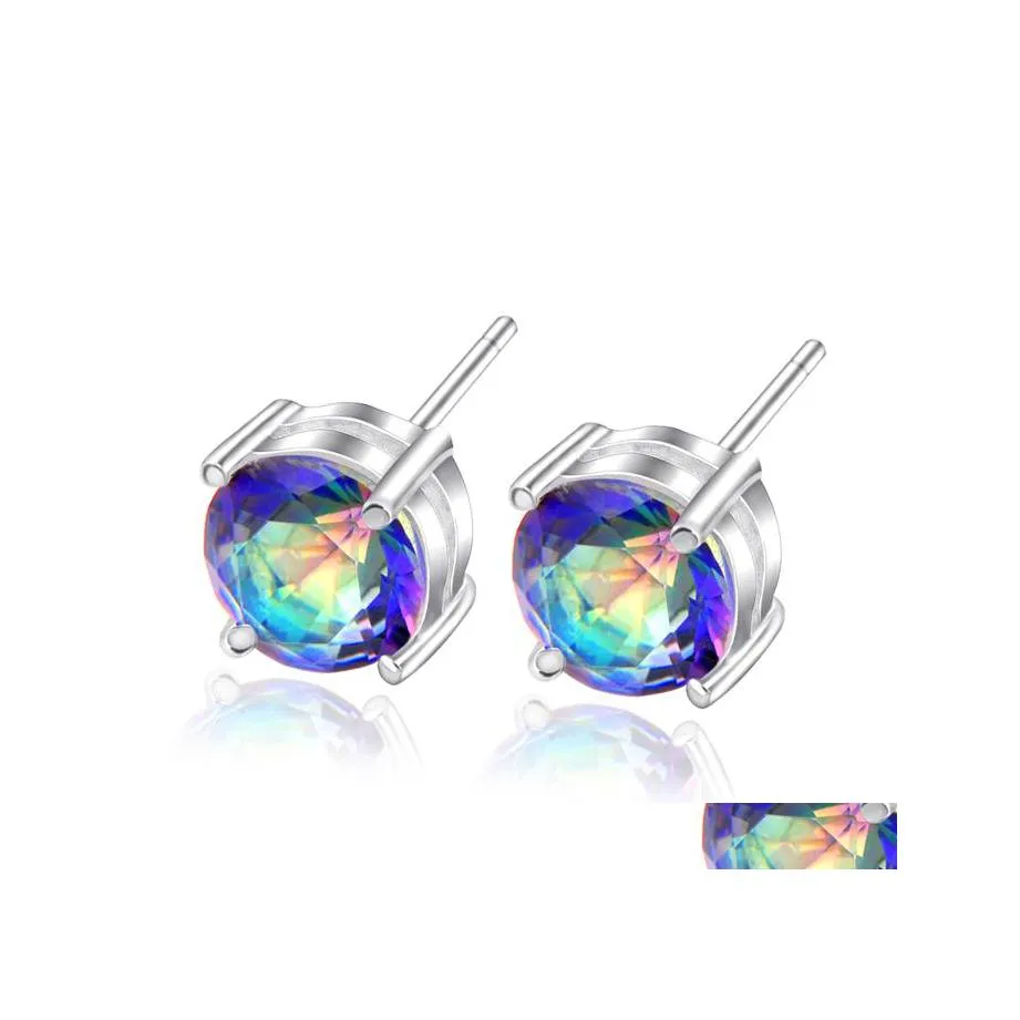 Stud Luckyshine Fashion Selling Jewelry Round Mystic Fire Topaz Sier Plated 925 Colored Cubic Zirconia Earrings Unisex E0031 Drop Del Dhter