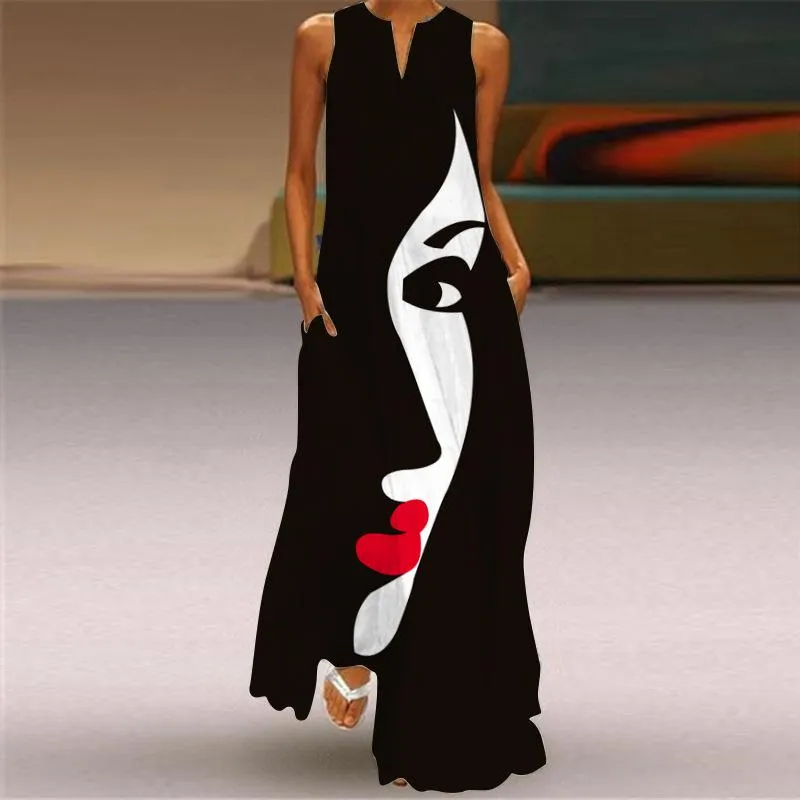 Повседневные платья мода человеческое лицо печатное черное платье 2023 Элегантная винтажная женщина летняя пляжная рукавочная девушка длинная женщина