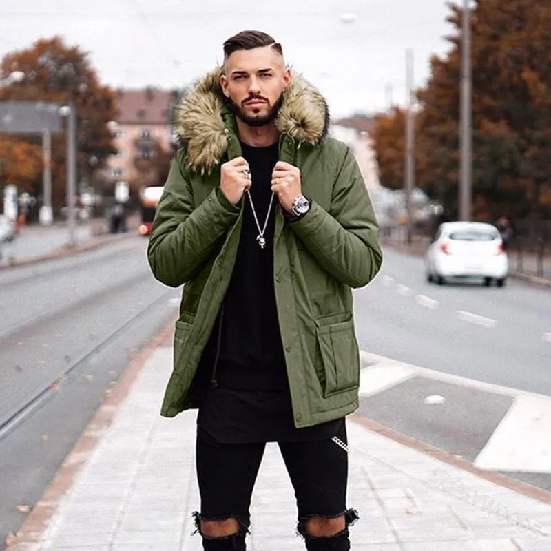 Men's Jackets Winter Casual Down Thick Furry Turn-Down Collar Solid Coat Long Sleeve Zipper Pocket Fashion Male