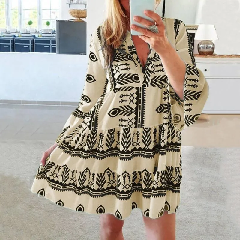 Casual Dresses Aztec Style Tiered Tunic For Women Evening Dress Holiday Bohemian Long Skirt Teens Vestidos De Verano Mujer