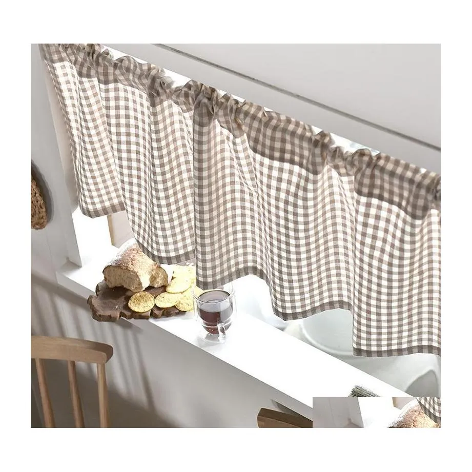 Curtain Drapes Tle Sheer Cotton Linen Grid Short Roman Window For Home Living Room Decoration Voile In The Kitchen Cafe Plaid Drop Dhpy3