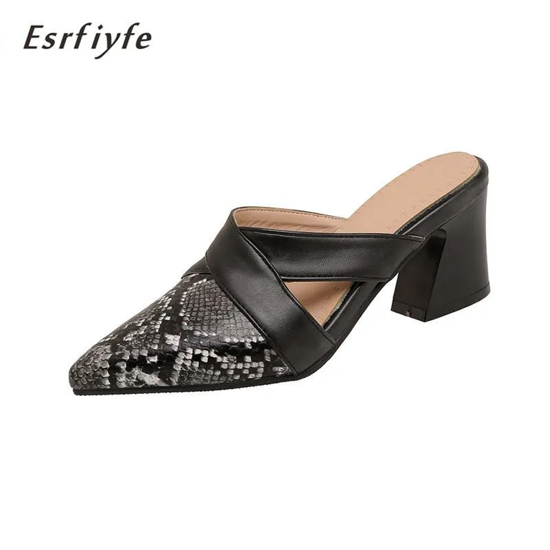 Slippers High Heels Ladies Snakeskin Grain Mules Pointed Toe Black Slides Women Slip On Flip Flops Party Shoes