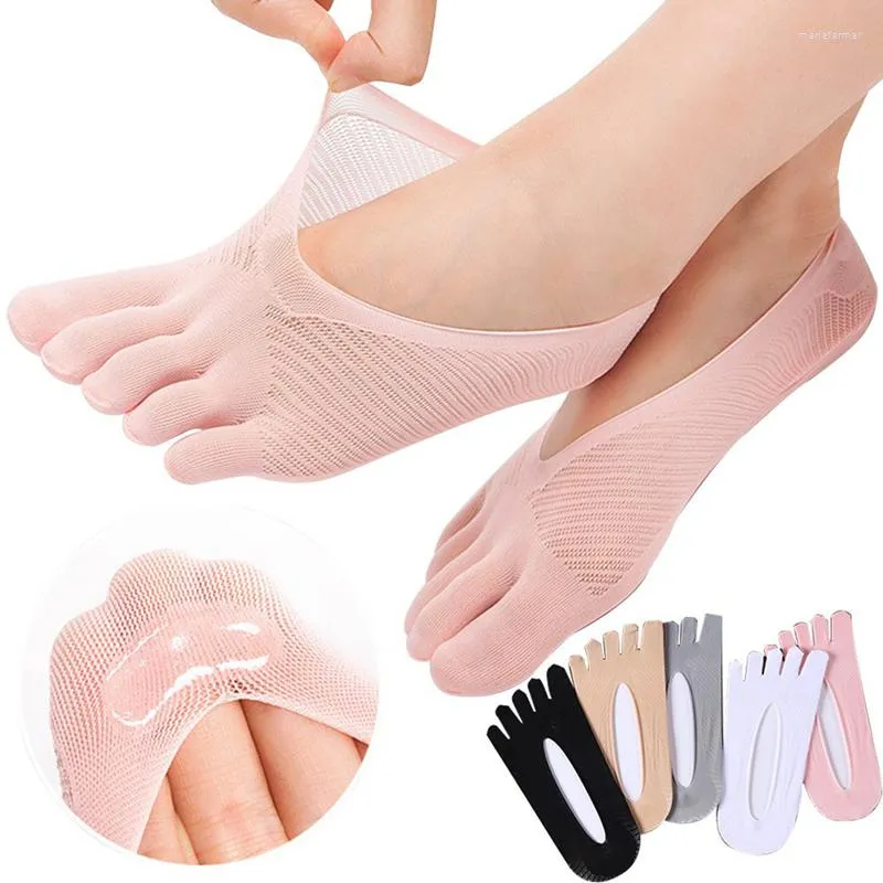 Mulheres meias cor sólida renda antiderrapante baixo corte cinco dedos do pé feminino invisível meia chinelos boca rasa verão