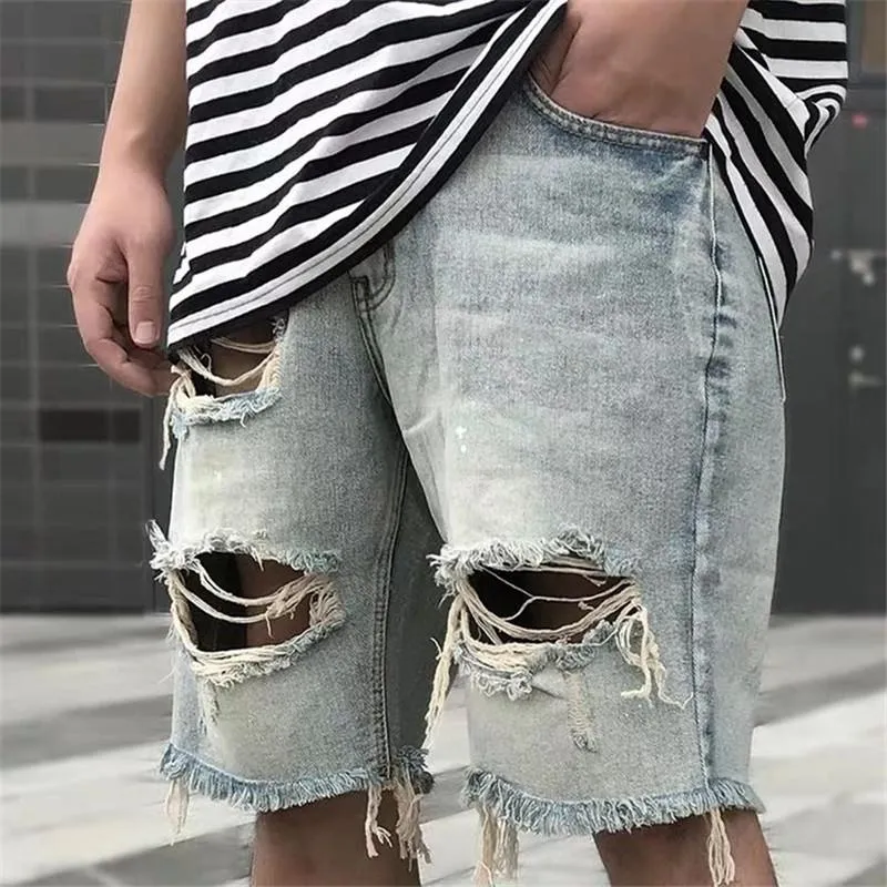 Herren Jeans Idopy Herren Sommer Retro Denim Shorts Männlich Ripped Street Style Vintage Hip Hop Hipster Big Hole Biker JeansHerren