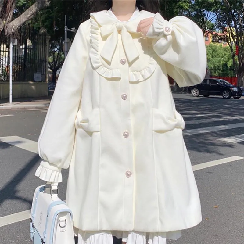 A lã feminina combina o estilo japonês doce garotas de lã casaco fofo colarinho de bow bufle estudantes adolescentes capa elegante feminino trincheira mola Au