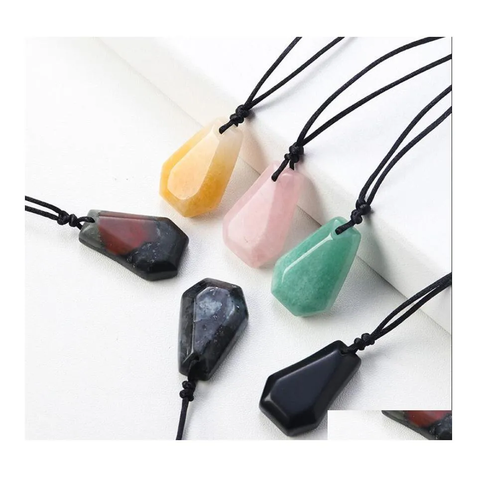 Konst och hantverk Natural Healing Stone Coffin Shape Crystal Pendant Energy Obsidian Rose Quartz Carved Halsband Diy Jewelry Gift Drop Dhrht