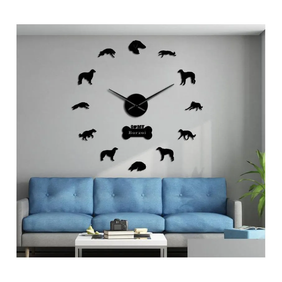 Relógios de parede 3d Borzoi Diy Mirror Stickers Números relógios mudo relógio russo Wolfhound sem moldura Russkaya Psovaya Borzaya Gift D Dhkza