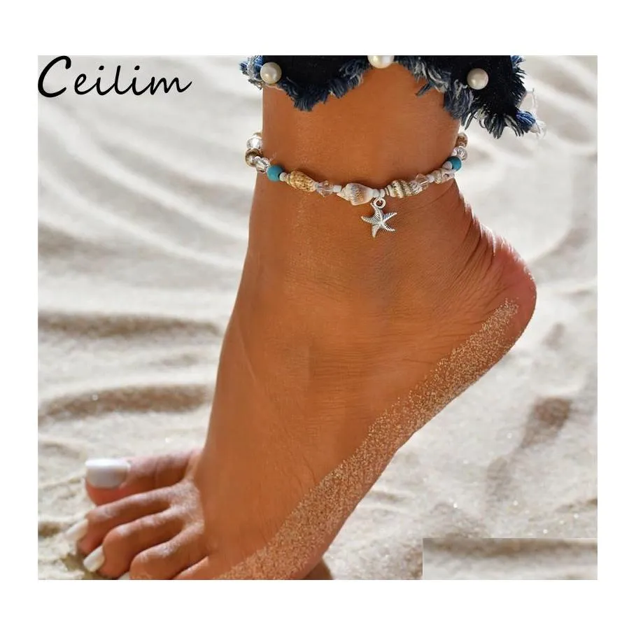 Łańcuch ręcznie robiony wisiorek skorupki koraliki kostki rozgwiazdy dla kobiet zabytkowe kolor sierski sandałowy sandał stóp bransoletki boho dr inbu