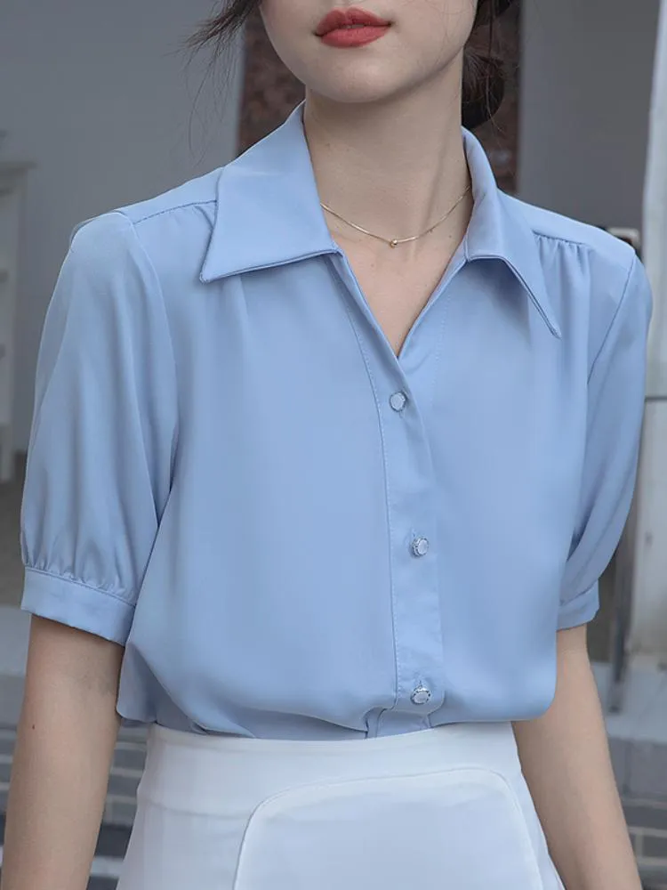 Women's Blouses & Shirts Fashion Woman Blouse V-neck Short Puff Sleeve Top Pretty And 2023 Summer Chiffon OL Female ClothingWome