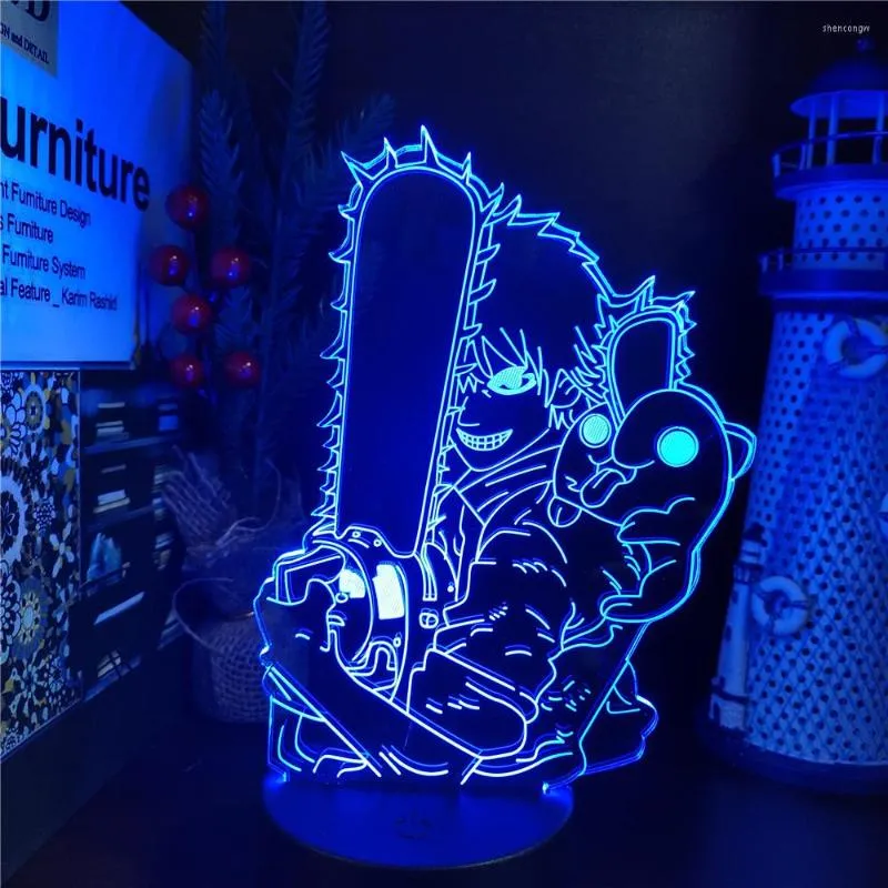 Nattlampor motorsåg man 3d led lampa anime ljus denji makima power pochita figur sovrum dekoration nattljus manga presentbord