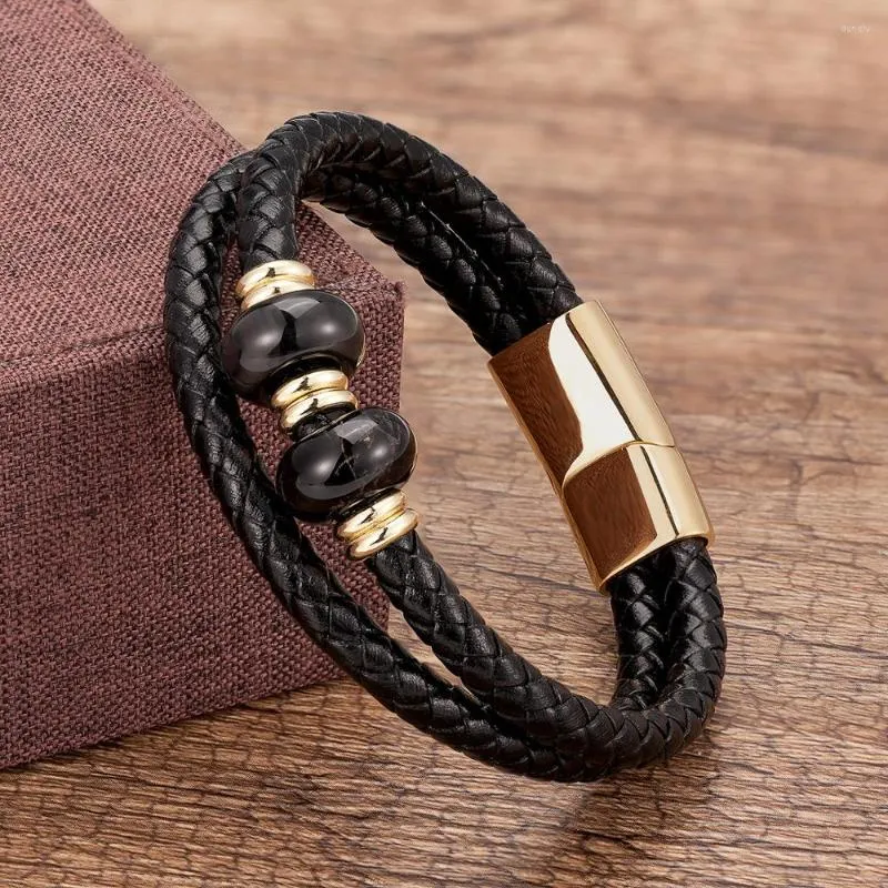 Charm Bracelets Handmade Natural Stone Men Bracelet Multi-layer Genuine Leather Rope Chain Stainless Steel Clasp Bangle Male Jewelry Gifts