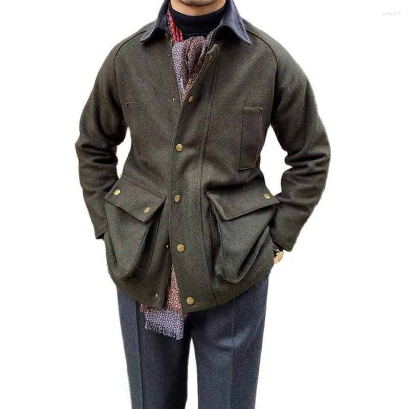 Jackets masculinos Tweed Wool Safari Jaqueta masculina Multi-Pockets Tooling Casaco Tático Militar Autumn e Winter Streetwear Roupas vintage