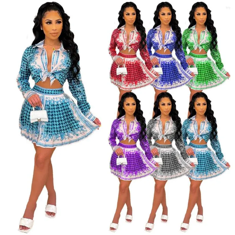 Work Dresses Women Set Houndstooth Print Long Sleeve Crop Tops Pleat Mini Skirts Two Piece Sets Active Tracksuit Sporty Outfit Summer