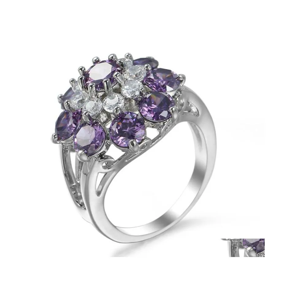 حلقات الكتلة 925 Sier Platinum Purple Carystal Amethyst Zircon Gift Party Ring Ly10984 Drop Deliver