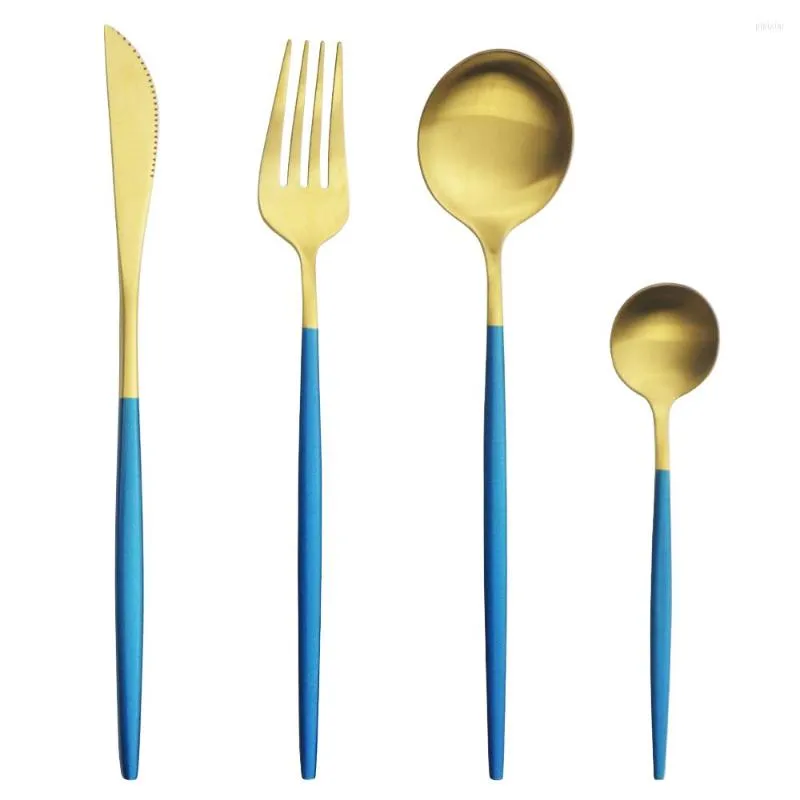 Servis uppsättningar 40st Blue Gold Cutlery Set rostfritt stål Silverknivar Fork Kaffekon Flatvaror Kök Middagsbeteckna