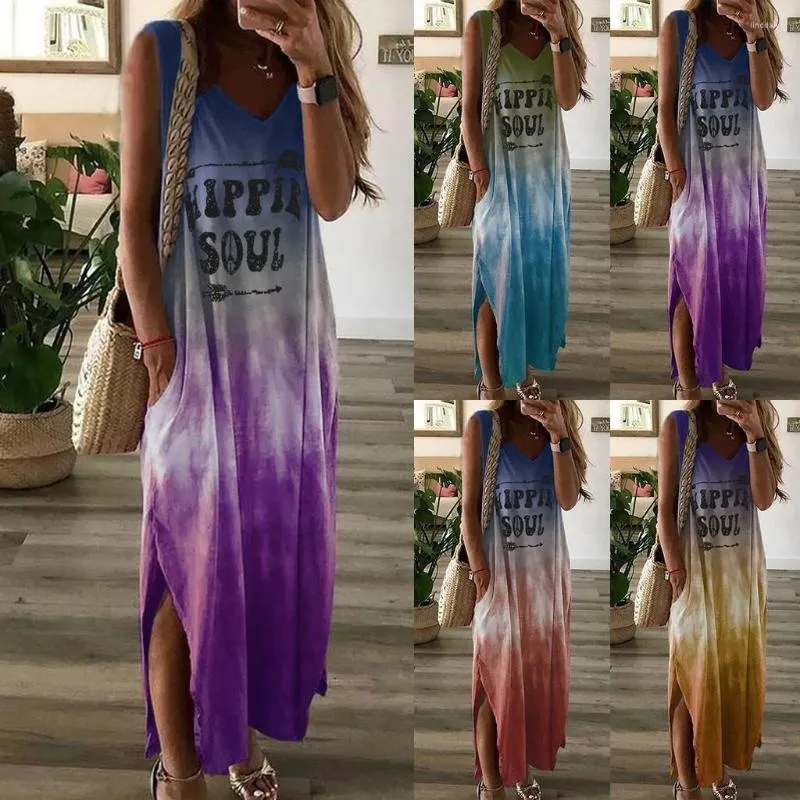 T-shirt da donna più vendute Tie-dye Letter Print Abito estivo senza maniche da donna Top Abbigliamento casual 2023 Scollo a V Maxi con tasca
