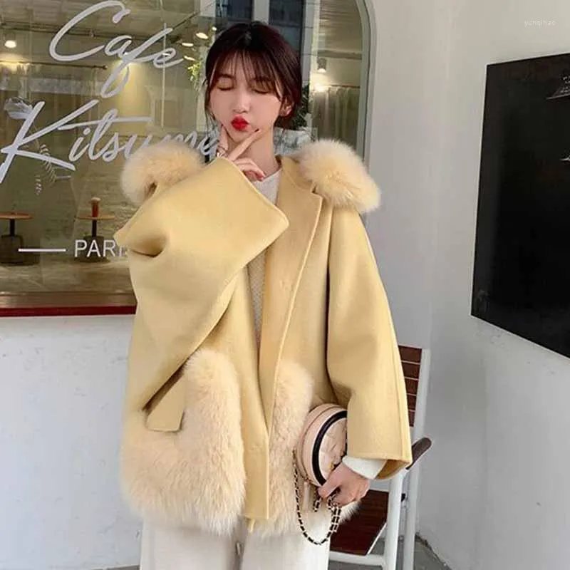 Manteau réel de styliste coréen en fourrure pour femmes, col élégant, naturel avec capuche