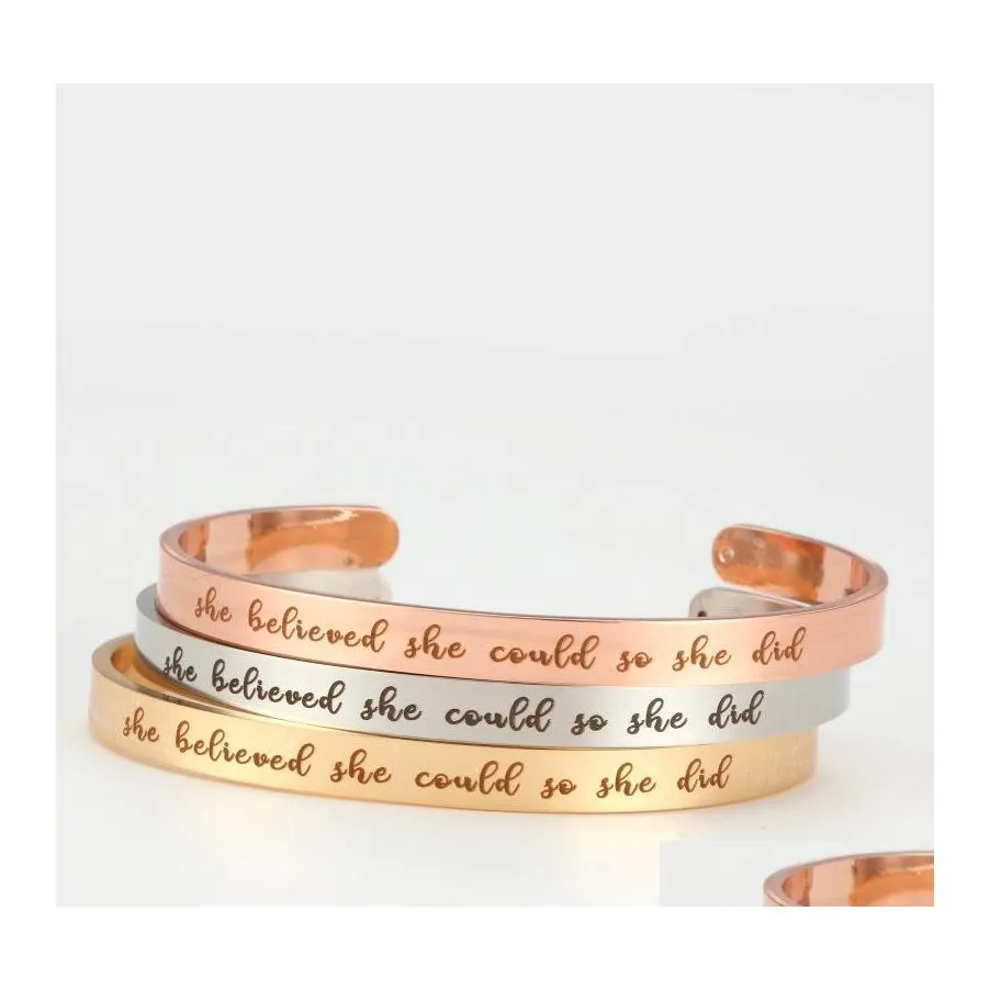 Manchette en acier inoxydable Inspirational Bangle She Believed Cod So Did Simple Lettering Word Bracelets Pour Femmes Hommes Mode Drop Deliver Otlmb