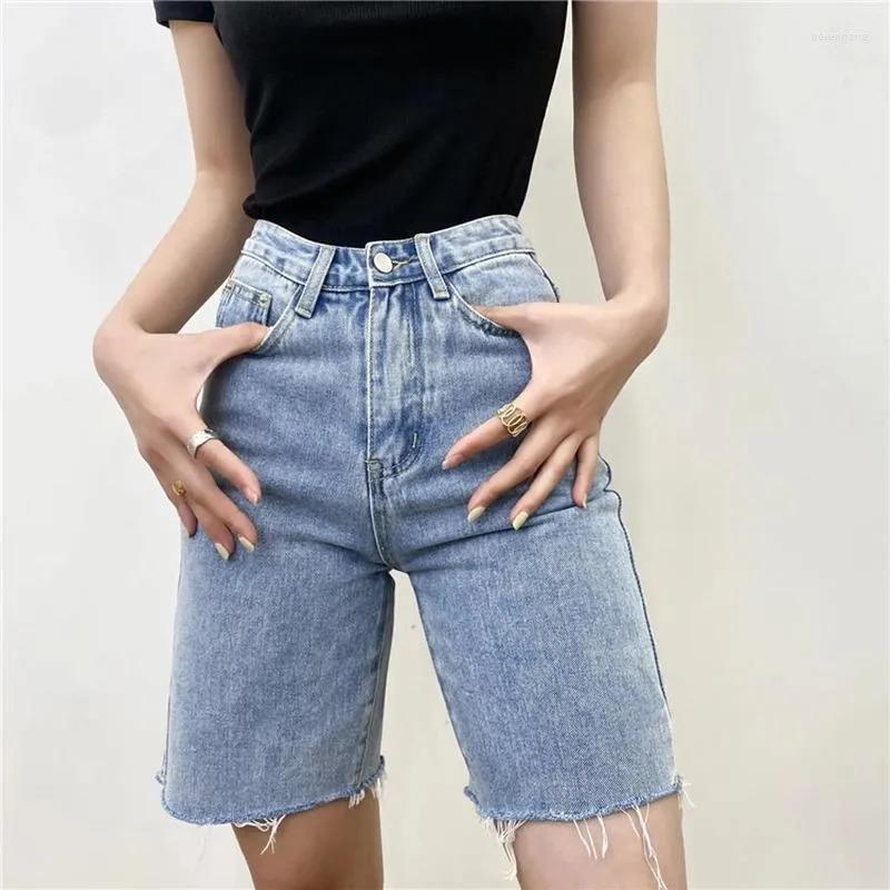 Women's Shorts Korean Style Love Patch Pockets Women Fashion High Waisted Five Point Length Summer Casual Simple Slim Denim Short