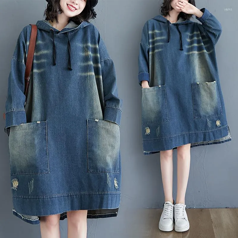 Robes décontractées printemps automne femmes jean rétro usé blanc trou lâche à capuche col solide pour les femmes Denim une pièce