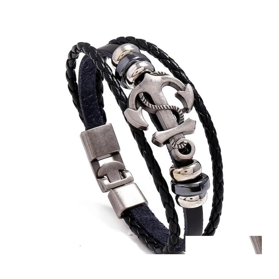 Braccialetti con ciondoli Mtilayer Uomo Moda casual Pelle intrecciata per donna Bracciale con perline di legno Punk Rock Gioielli Drop Delivery Ot2Kj