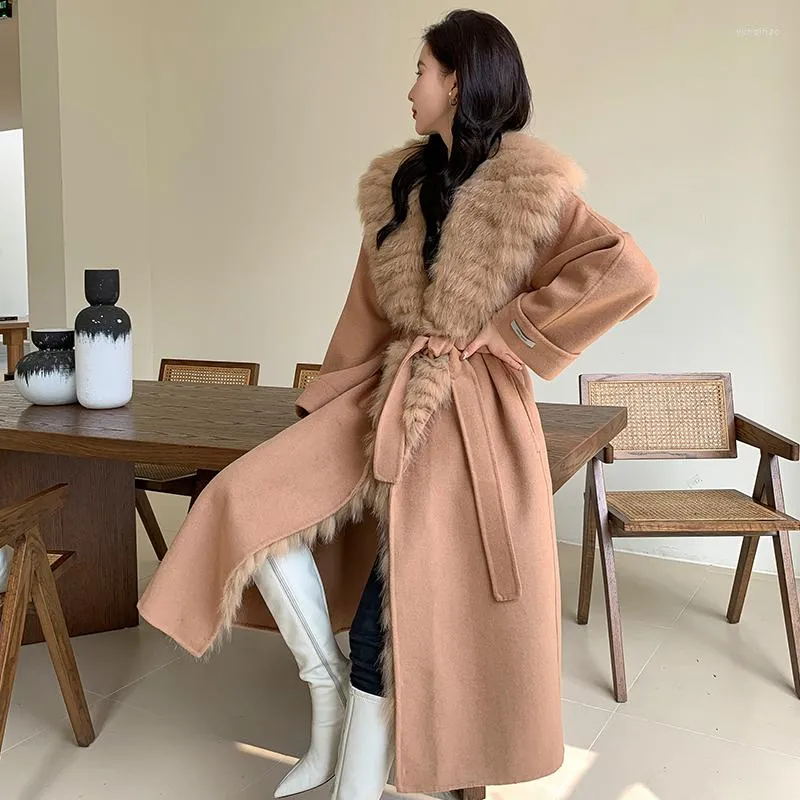 Women's Fur Huge Fluffy Real Turn Down Collar Wool Coat For Women Winter Elegant Belted Luxury X-long Loose Overcoats JD05