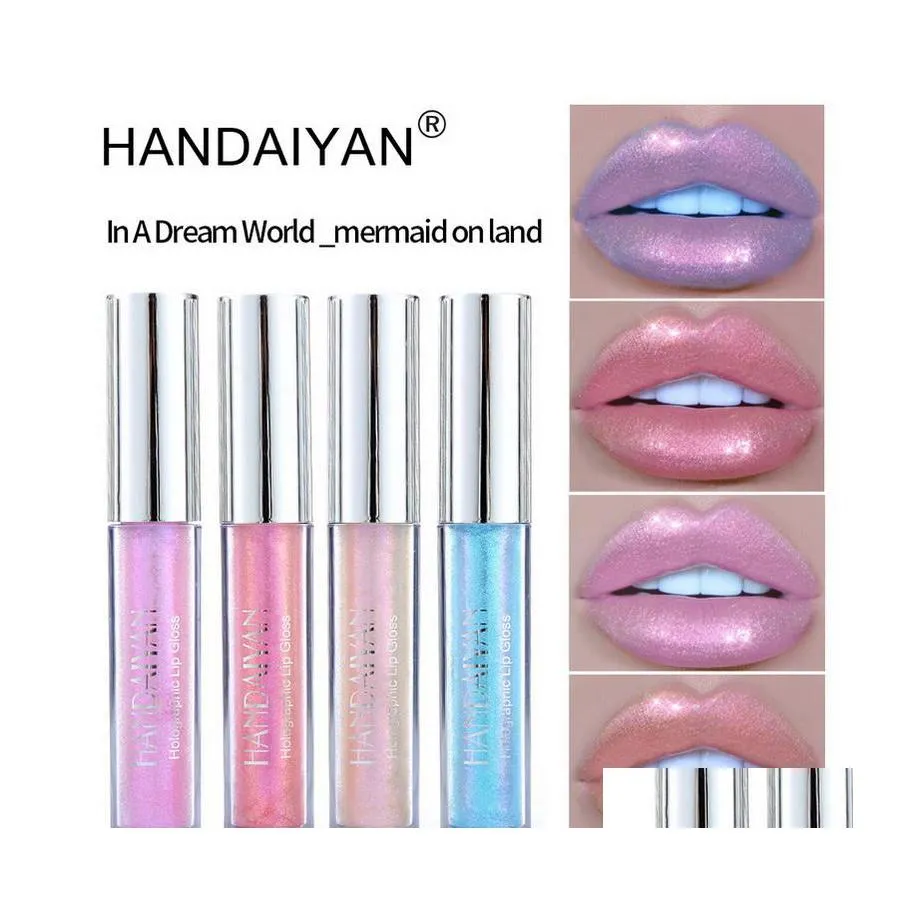 Brillant à lèvres Handaiyan Holographic Glitter Liquide Lipgloss 6 Couleur Couleur Lustre Riche Nutritif Polarisé Longue Dernière Beauté Lèvres Maquillage Dhzic