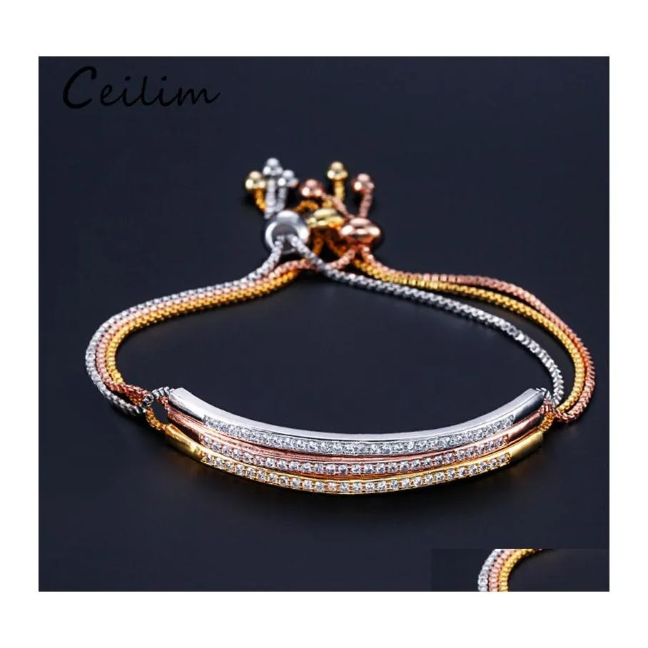 Link Chain Adjustable Rose Gold Bracelet Bangle For Women Girls Captivate Bar Slider Cz Zircon Bracelets Fashion Jewelry Drop Delive Otcfe