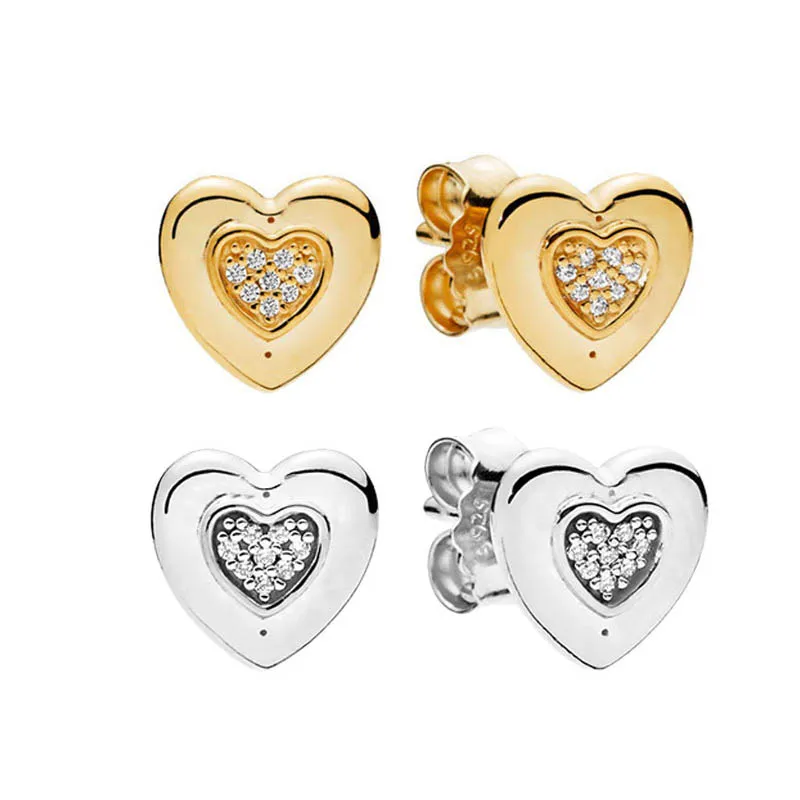 Authentic Sterling Silver Love Heart Stud Earrings for Pandora Women Girls Wedding Jewelry Yellow Gold plated Girlfriend Gift Earrings with Original Box