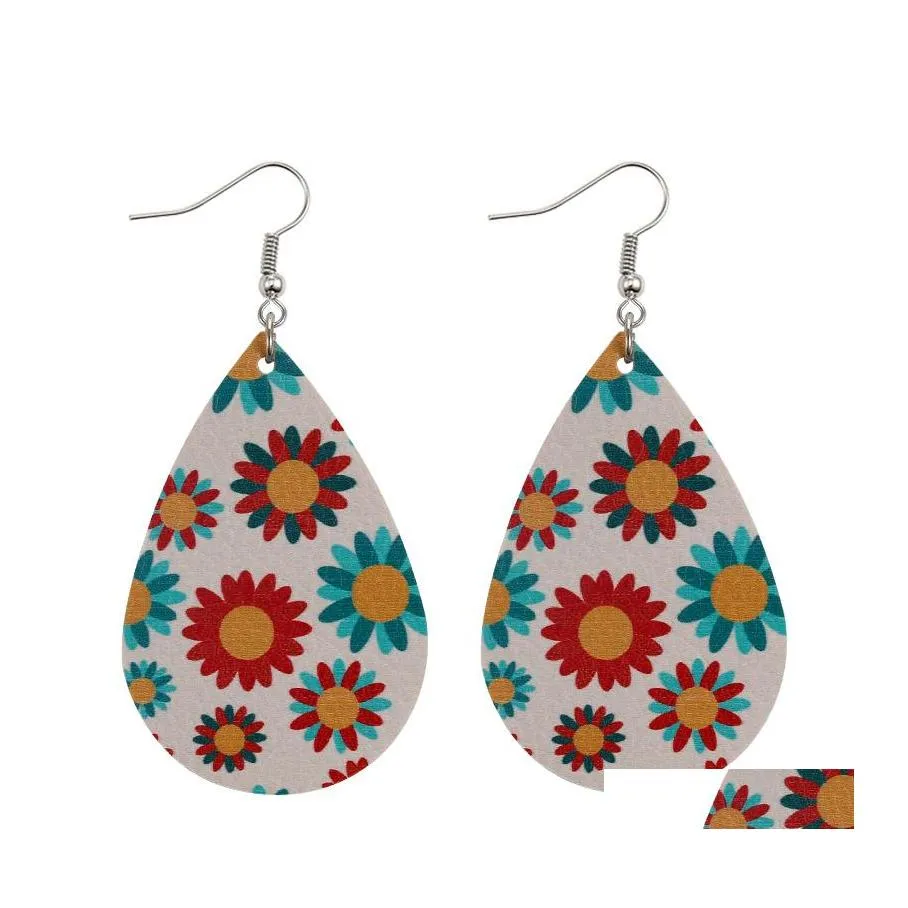 سحر نساء بو لأقراط جلدية عباد الشمس daisy نمط print pattern bohemian faux dangle arring for girl fashion hook party gifts otg94