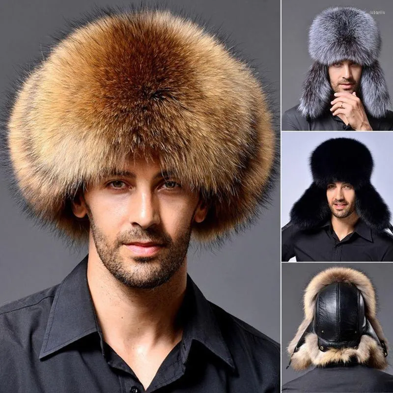 Berets Windproof Skiing Lamb Leather Hunting With Fur Ear Flaps Men's Russian Hat Bomber Winter Trapper