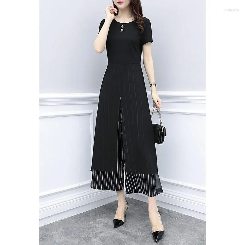 Work Dresses Fashion Elegant Suit Summer Long Short-Sleeved Jumpsuit Large Size Slim Slimming Wide-Leg Pants Two-Piece Women's Dress