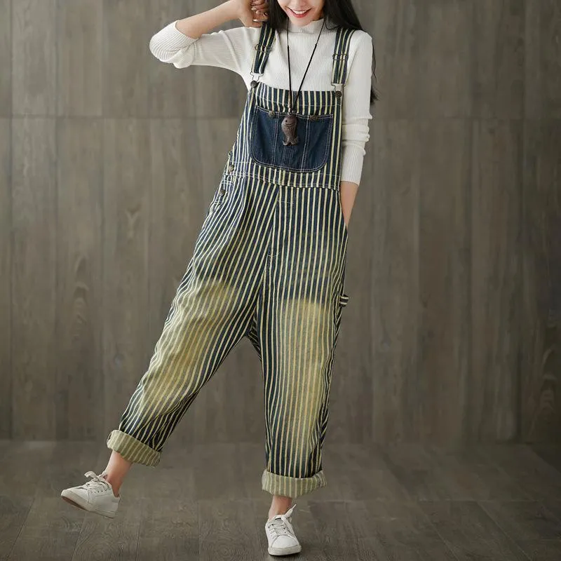 Kobiety Jumpsuits Rompers Strip Plus Lose kombinezonu Koreańskie dżinsowe patchwork kombinezon zwyczajny bawełniany vintage osobowość umyta moda