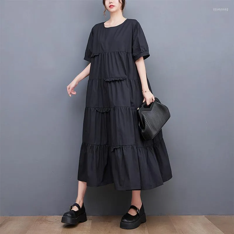 Festklänningar 2023 Ankomst Korea Style Patchwork Ruffle Chic Girl's Loose Cozy Street Fashion Summer Dress Women Casual Midi