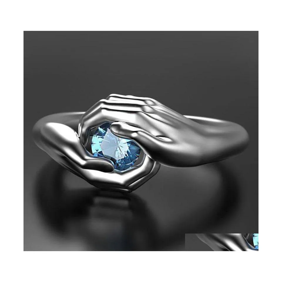 Wedding Rings 2021Exquisite Handen Omarmen Blue Ring Crystal Rhinestone Elegante vrouwelijke verloving Fashion Gift 1903 T2 Drop Delivery J DHVVN