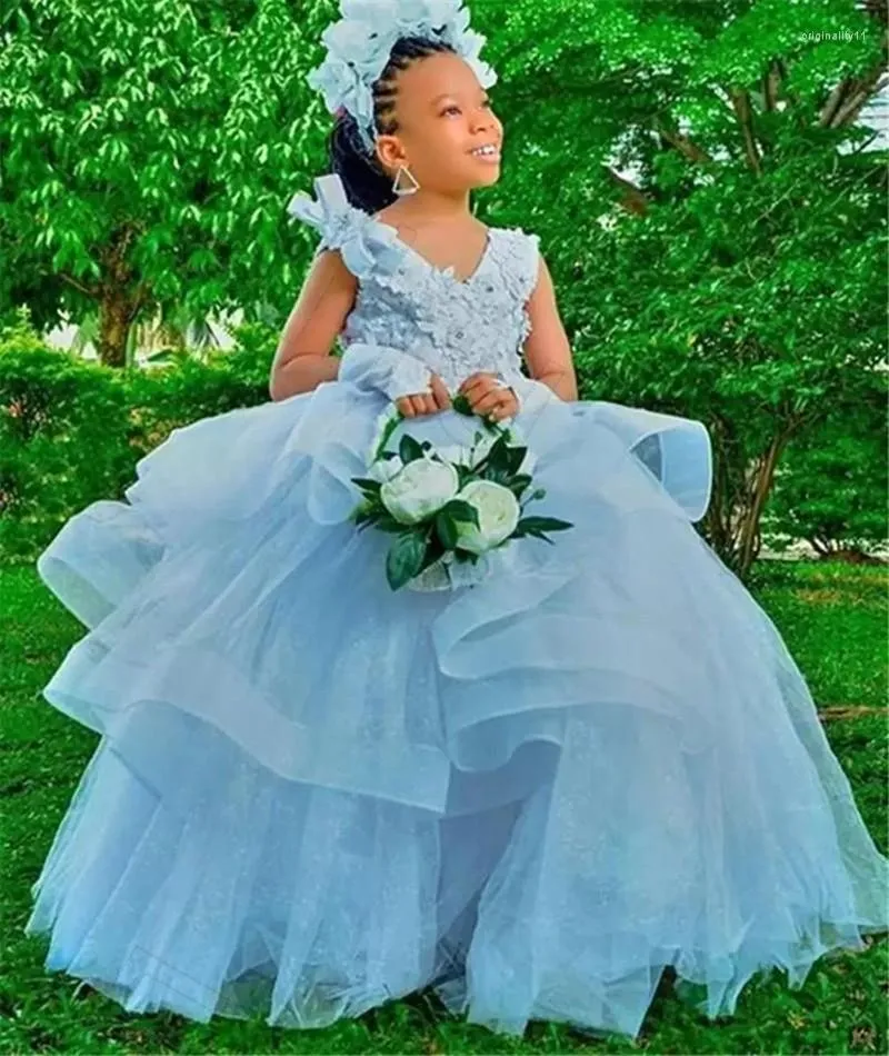 Fille Robes Bleu Fleur Filles Pour Mariage Illusion Longue Dentelle Sans Manches Tulle Enfants Fête Bridemade Enfants Robes