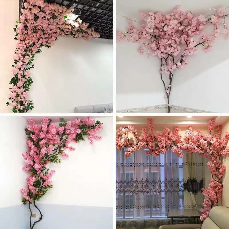 Decorative Flowers Artificial Cherry Tree Pink Branch Silk Flower DIY Wedding Decoration Wall Home Outdoor