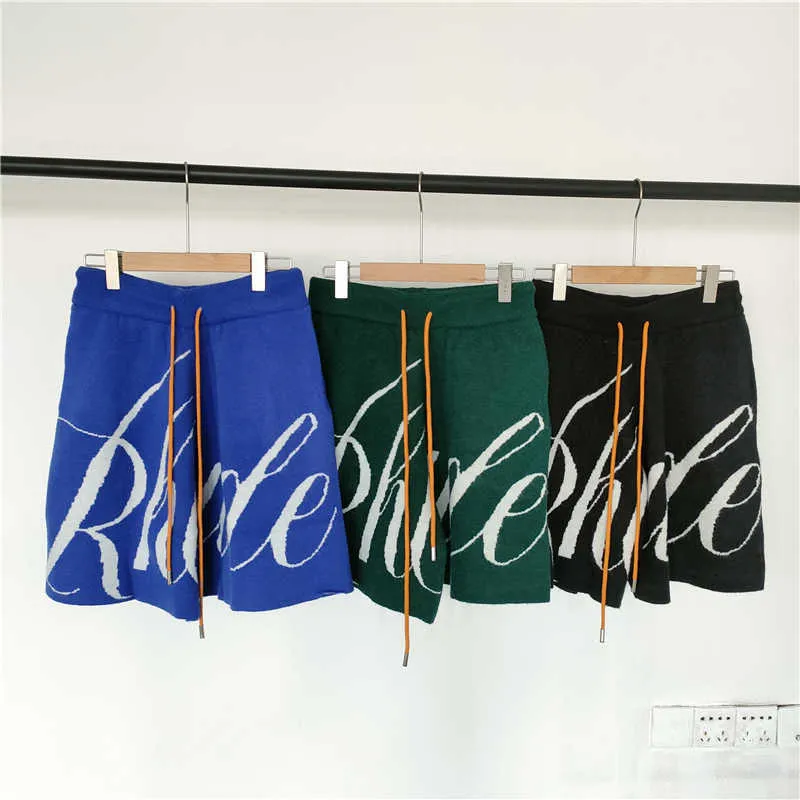 Rhude Jacquard Shorts Men Women Loose Blue Green Black Knitting Short Drawstring Breeches Vosm KW43
